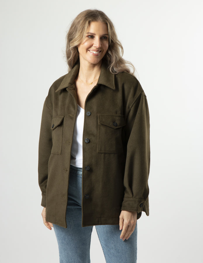 Khaki shacket women's best sale